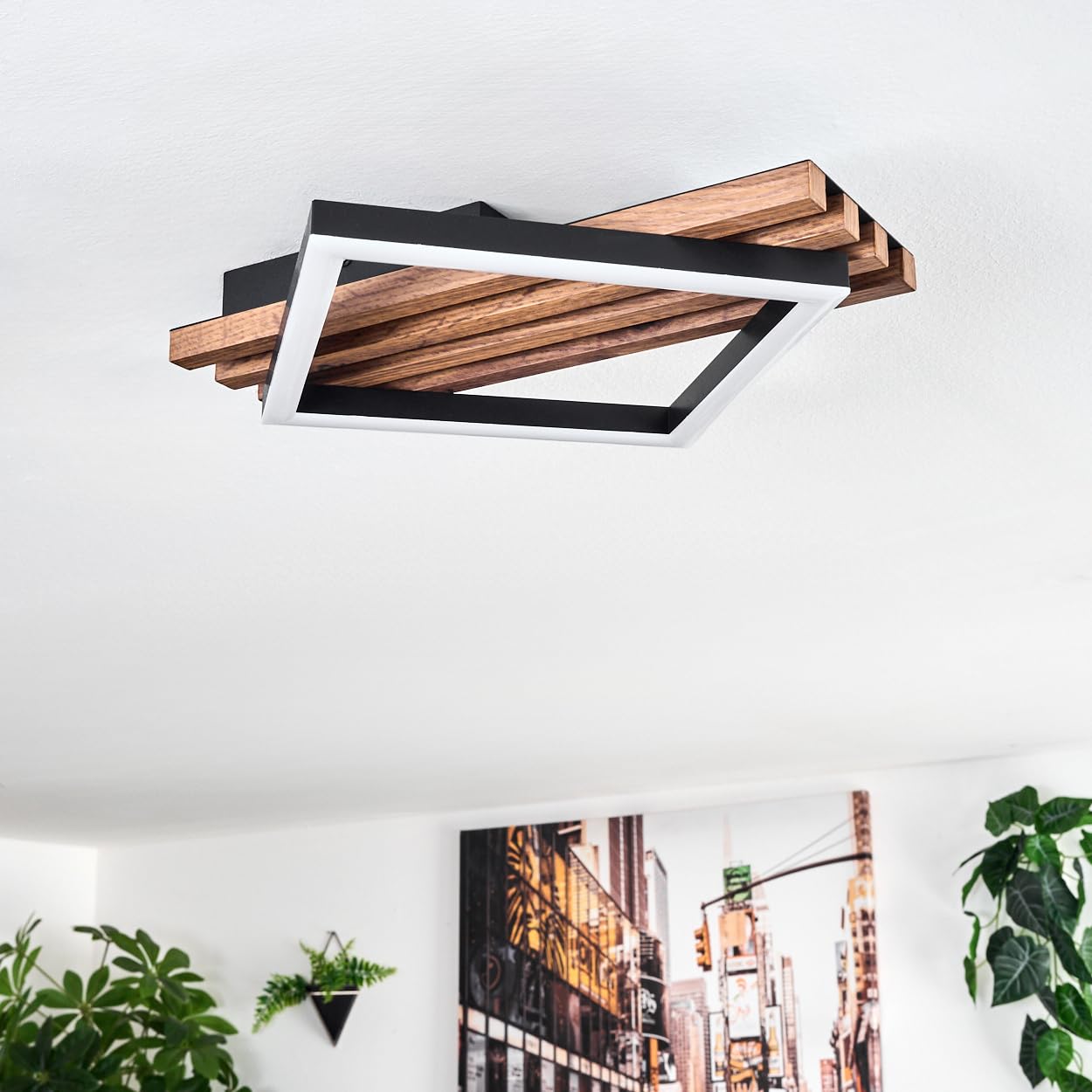 HOFSTEIN LED Deckenleuchte Ellekilde, Deckenlampe aus Metall/MDF/Kunststoff in Schwarz/Holzoptik/Weiß, 12W, 3000 Kelvin, Leuchte im modernen Design für Schlafzimmer, Esszimmer, Wohnzimmer, Küche, Flur