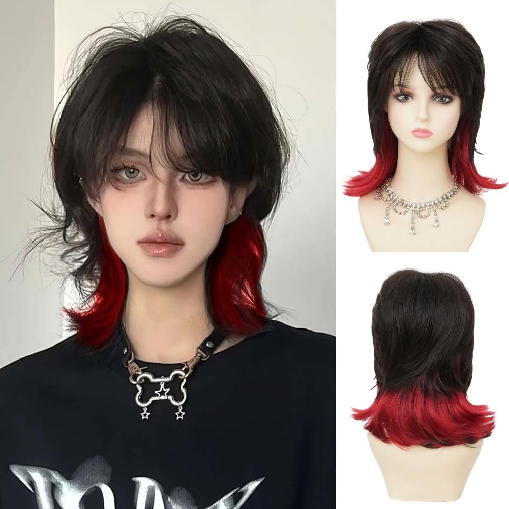Dai Cloud Black Red Mullet Wig for Women Layered Shaggy Wig with Bangs Synthetic Wigs for Cosplay Daily Party Use