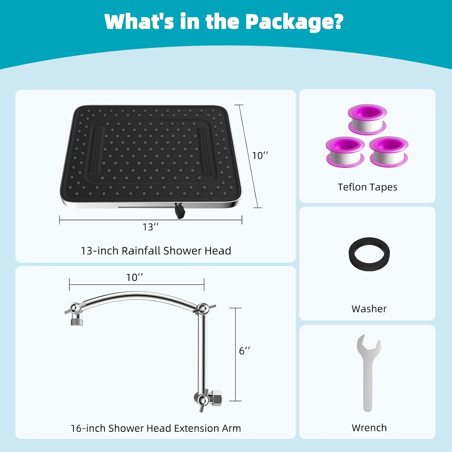 Hibbent Rain Shower Head, 13'' High Pressure Rainfall Square 5 Spray Mode Showerhead with 16" Shower Head Extension Arm, Solid Brass Adjustable Shower Arm Extender, Waterfall fixed Showerheads, Chrome