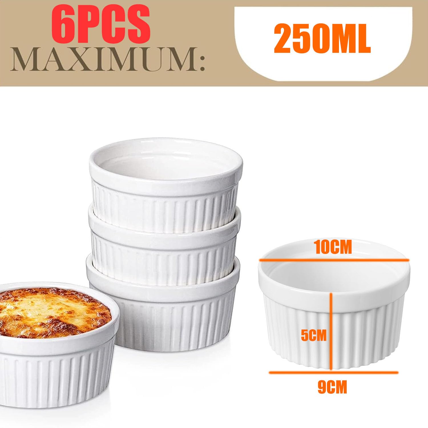 6 Pirottini in crema Brulee, resistenti al forno, in ceramica, per ciotole per ragout fini, per muffin, panna cotta, 10 cm, bianco