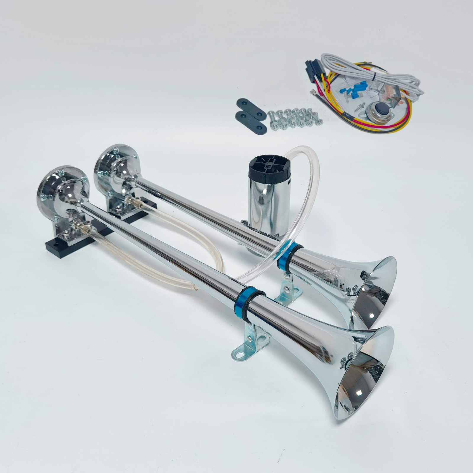 Air Horn 12V Doppelrohrhorn 165db Auto Lautsprecher Silber Chrom Zink Trompete Mit Air Pump für LKW Moto Van Boot Zug