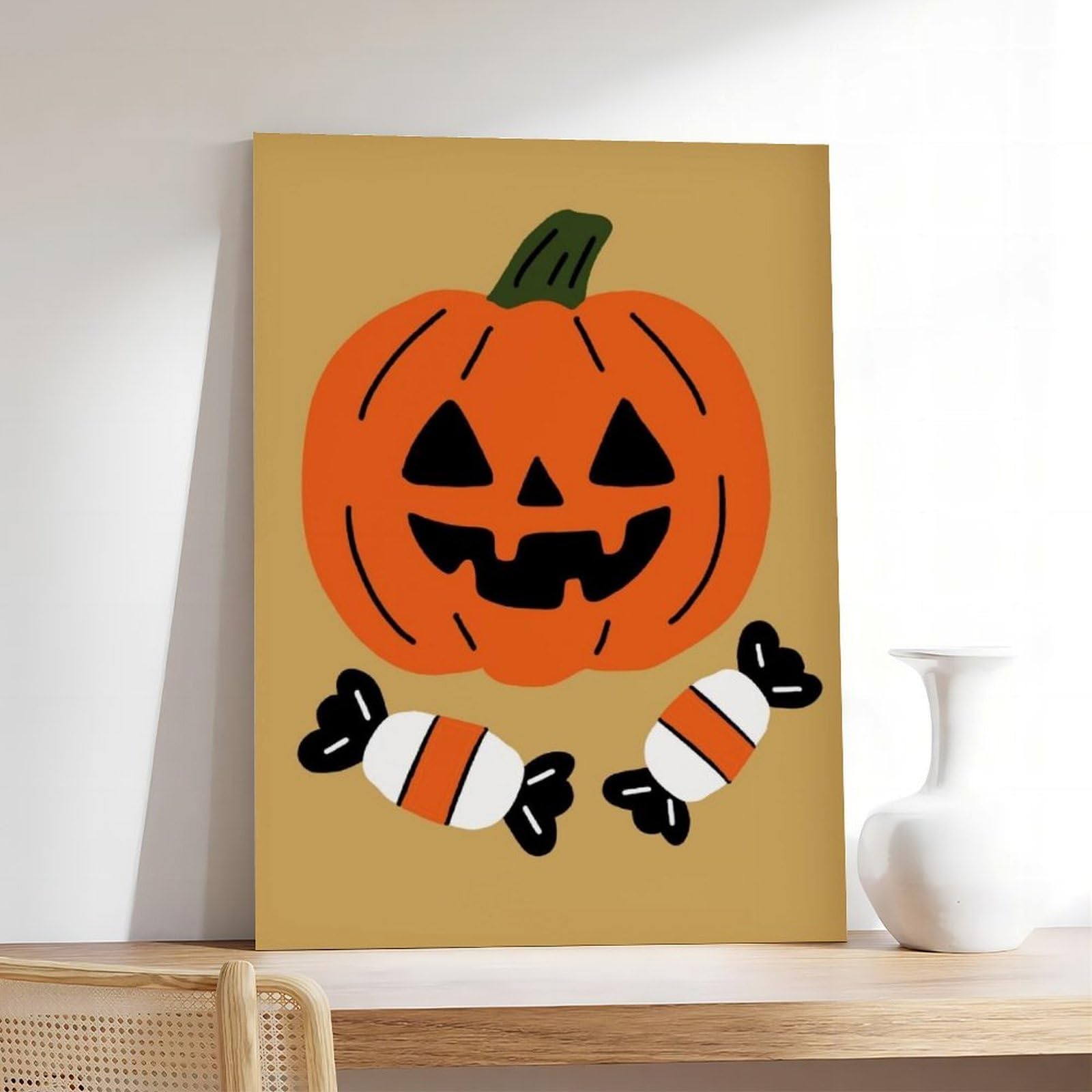 Lienzo minimalista con diseño de calabaza, caramelo, Halloween, Jack-o'-lantern y caramelos, dulce o truco, naranja, mostaza, arte de pared, pósteres e impresiones estéticas para habitación