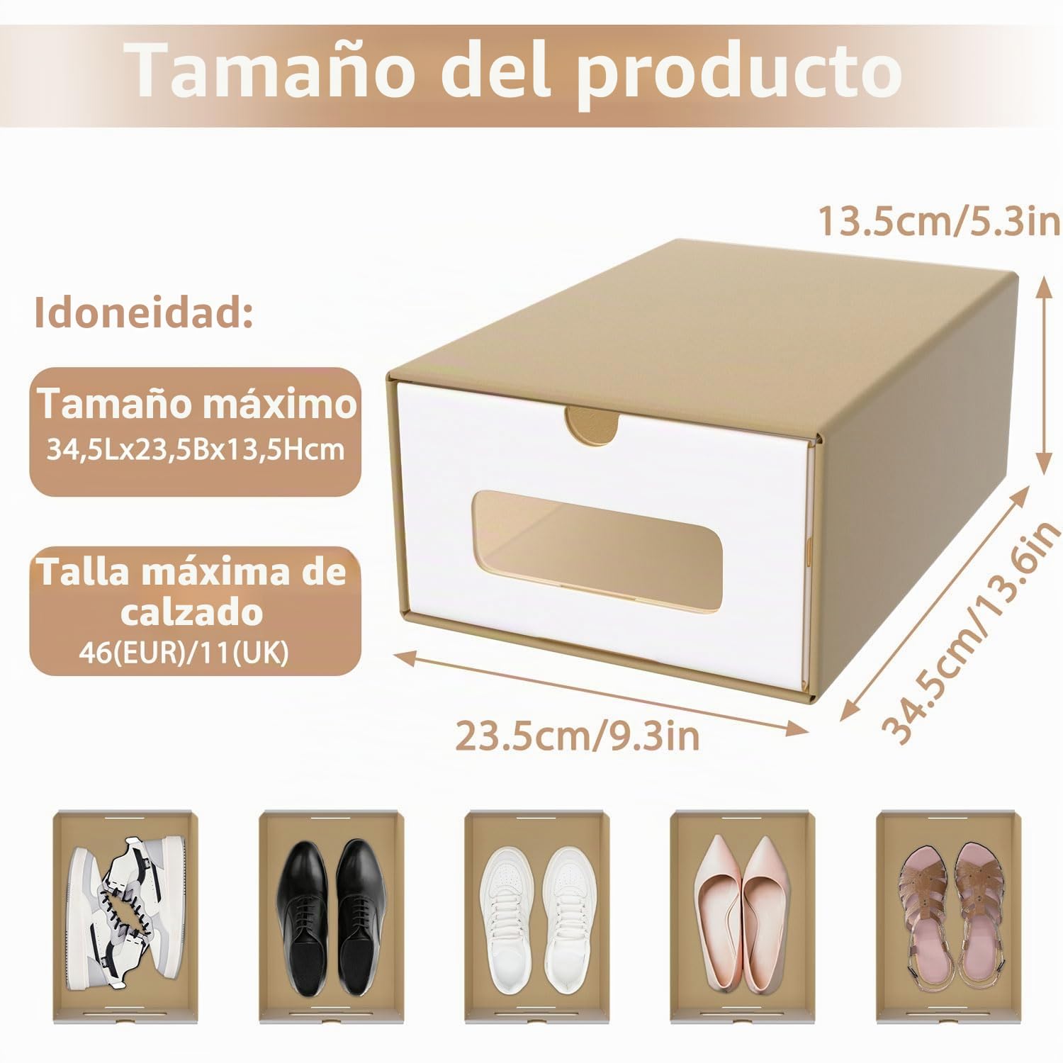 ACXIN Juego de cajas apilables para zapatos, cajones con ventana transparente, cartón de papel kraft, 34,5 x 23,5 x 13,5 cm, 10 unidades, color marrón