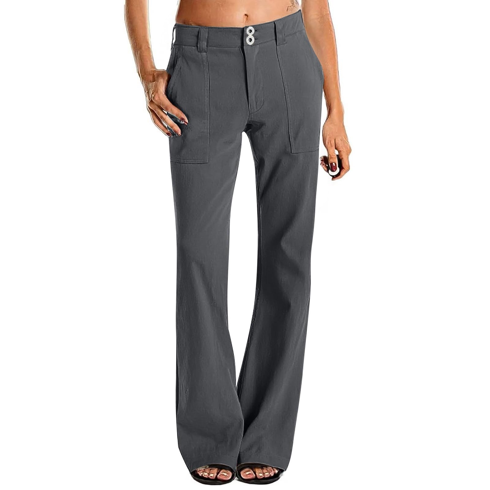 Womens Twill Pants Dressy Casual High Waisted Chino Pants Button Down Bootcut Straight Leg Work Trousers with Pockets