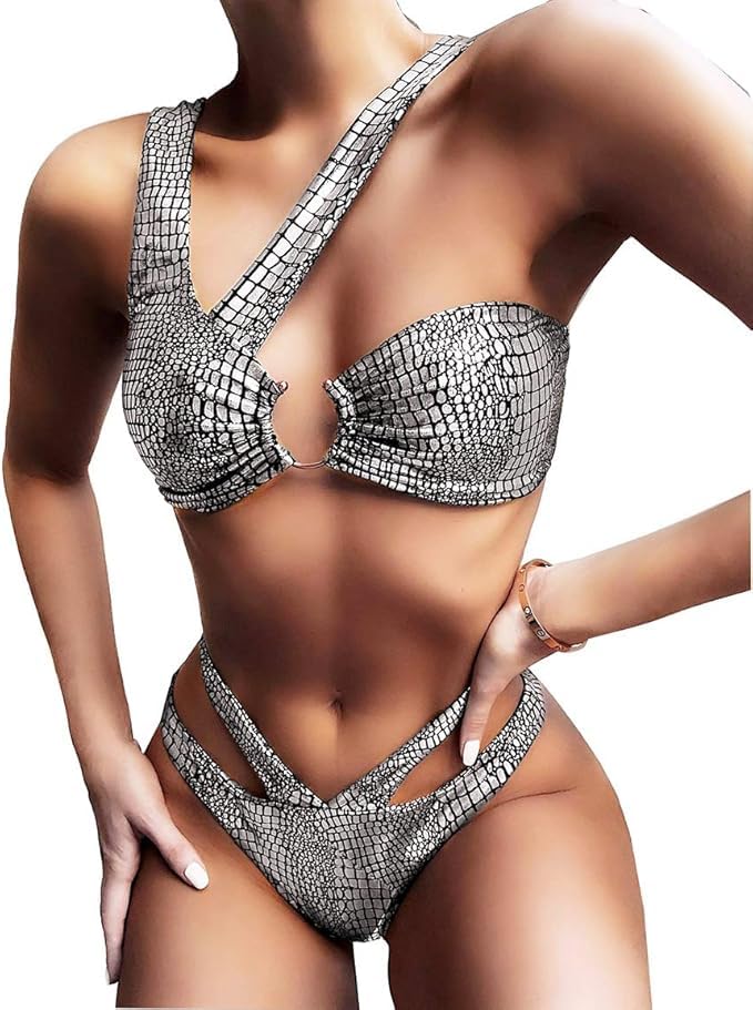 GenericWomen's Rave Sparkle Mentalic Snakeskin Print Bikini Set Chain Bathing Suit Swimsuits Festivals