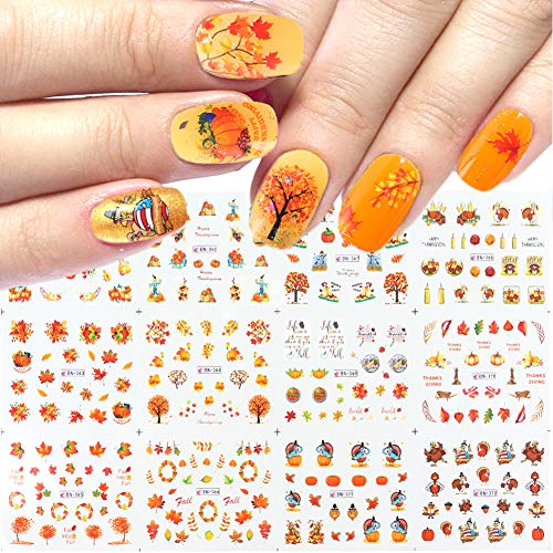 Thanksgiving Fall Nail Art Stickers Decals Nail Art Accessories 12 Sheets Autumn Pumpkin Maple Leaves Water Transfer Nails Supply for Women Girls Manicure DIY Nail Tips Charms Decorations