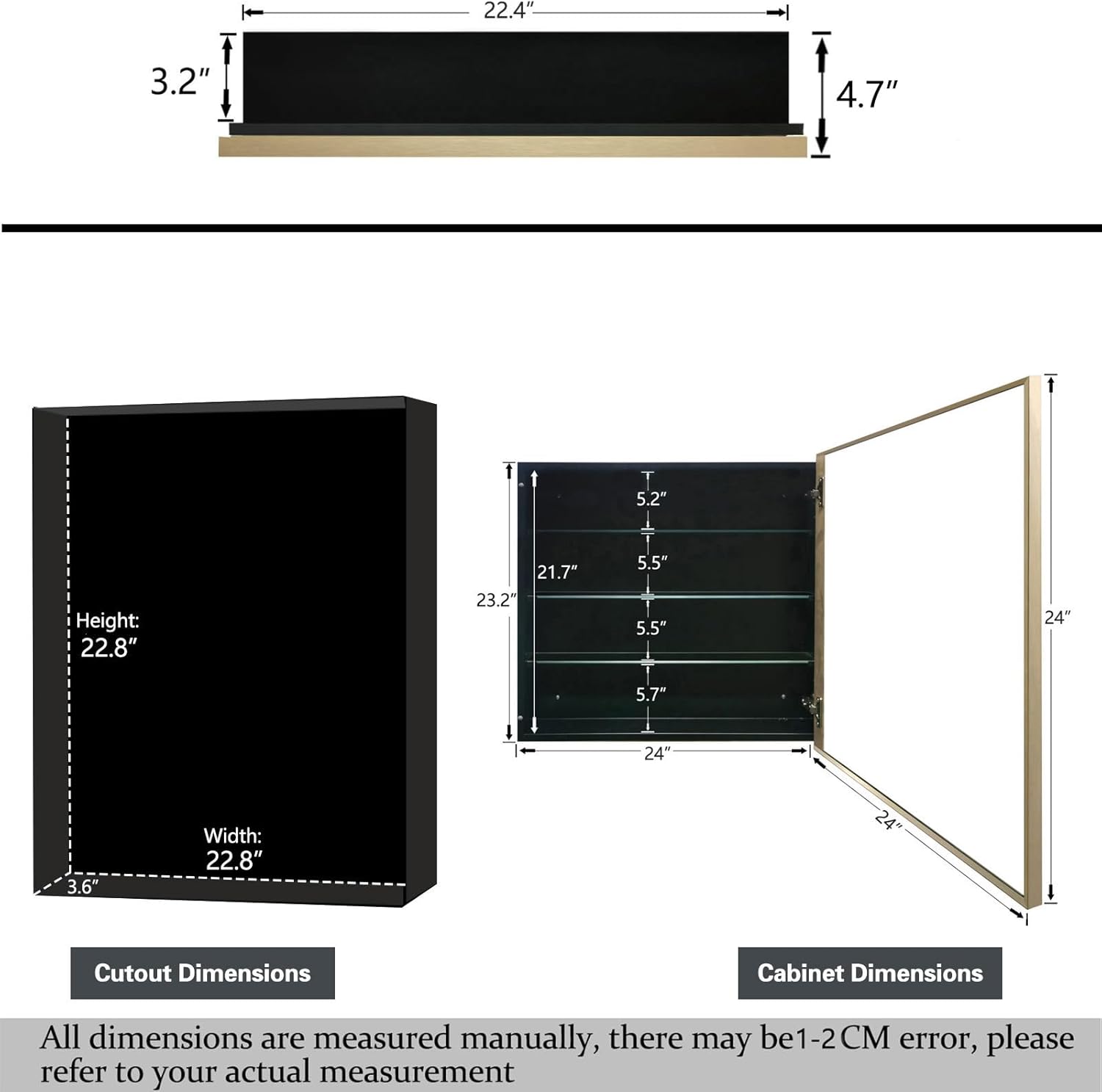24"x24" Medicine Cabinet with Aluminum Framed Mirror,Surface Mount or Recessed Mount Bathroom Vanity Mirror,Single Door Bathroom Medicine Cabinet with Mirror,Gold