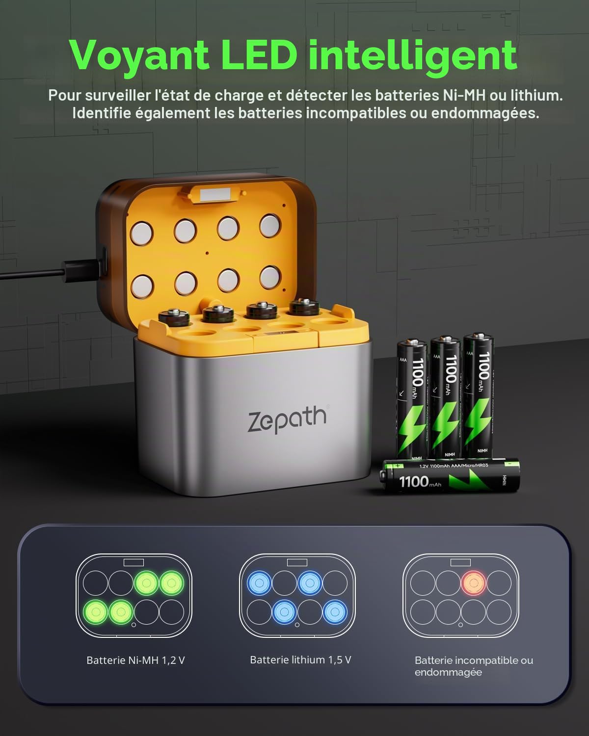 Chargeur hybride Li-Ion/NI-MH avec 8 piles AAA rechargeables NI-MH, 1100 mAh de haute capacité 1,2 V AAA, 8 chargeurs pour batteries AA/AAA, boîte de rangement de charge LED intégrée