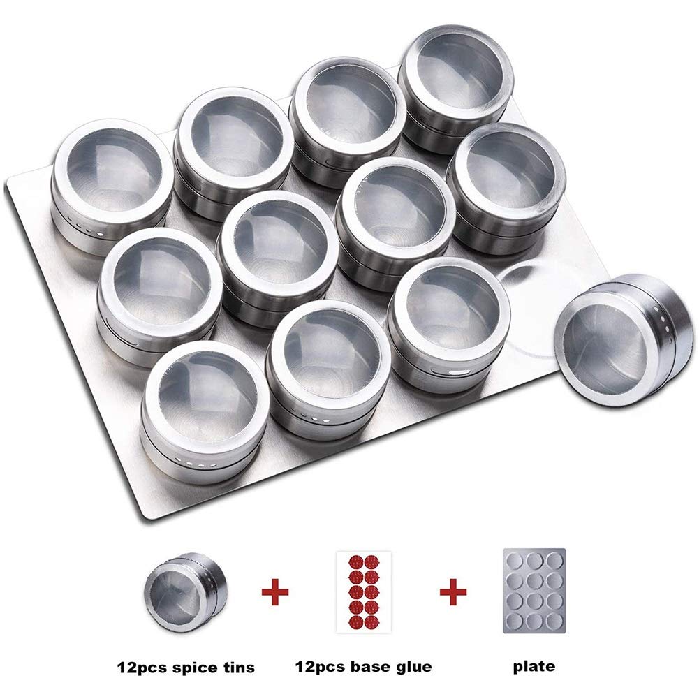 Tarros de especias, juego de tarros de especias de acero inoxidable magnético de 12 piezas, agitador de especias redondo, recipiente de especias, para hierbas de especias, magnético en el refrigerador