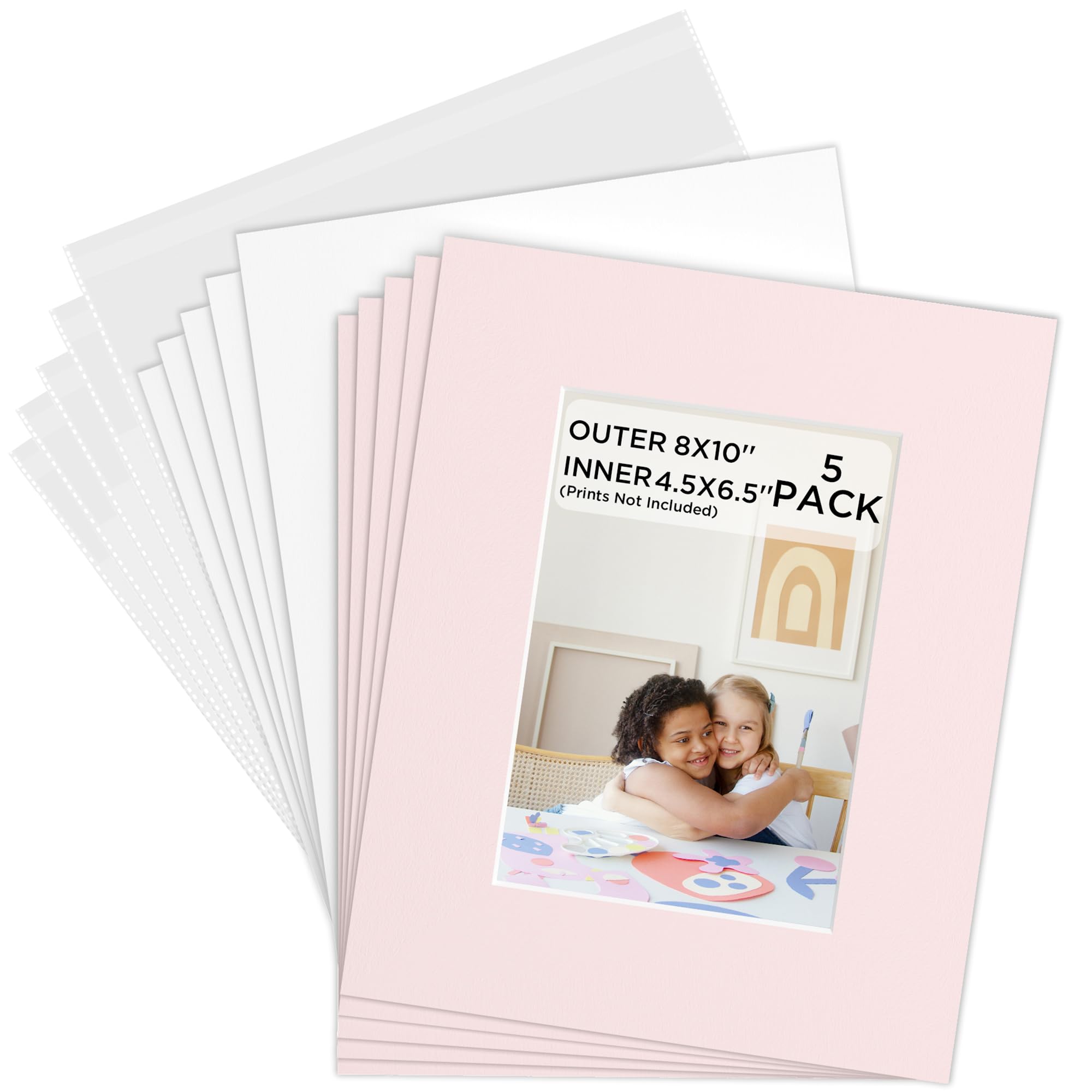 eletecpro 5 Pack Acid-Free Picture Mats Set, 8x10 Inch Core Bevel Cut Mats, Backing Boards, Clear Bags for Framing 5x7 Inch Photos, Artwork, Prints, Display and Preserve Cherished Pictures