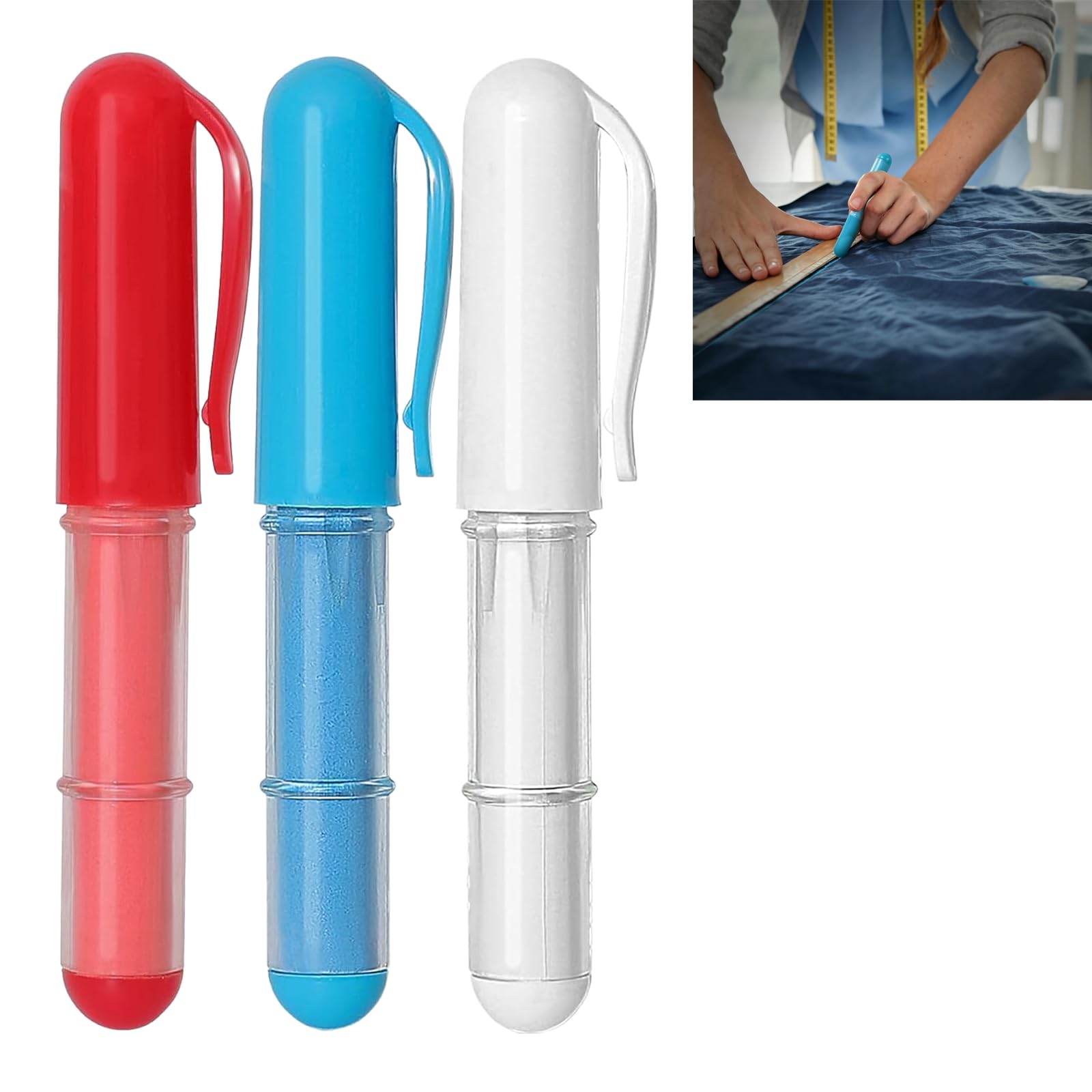 Xivicii 3 Pcs Dressmakers Fabric Chalk, Erasable Tailors Chalk Pencil for Fabric, Sewing Accessories (Red, Blue, White)