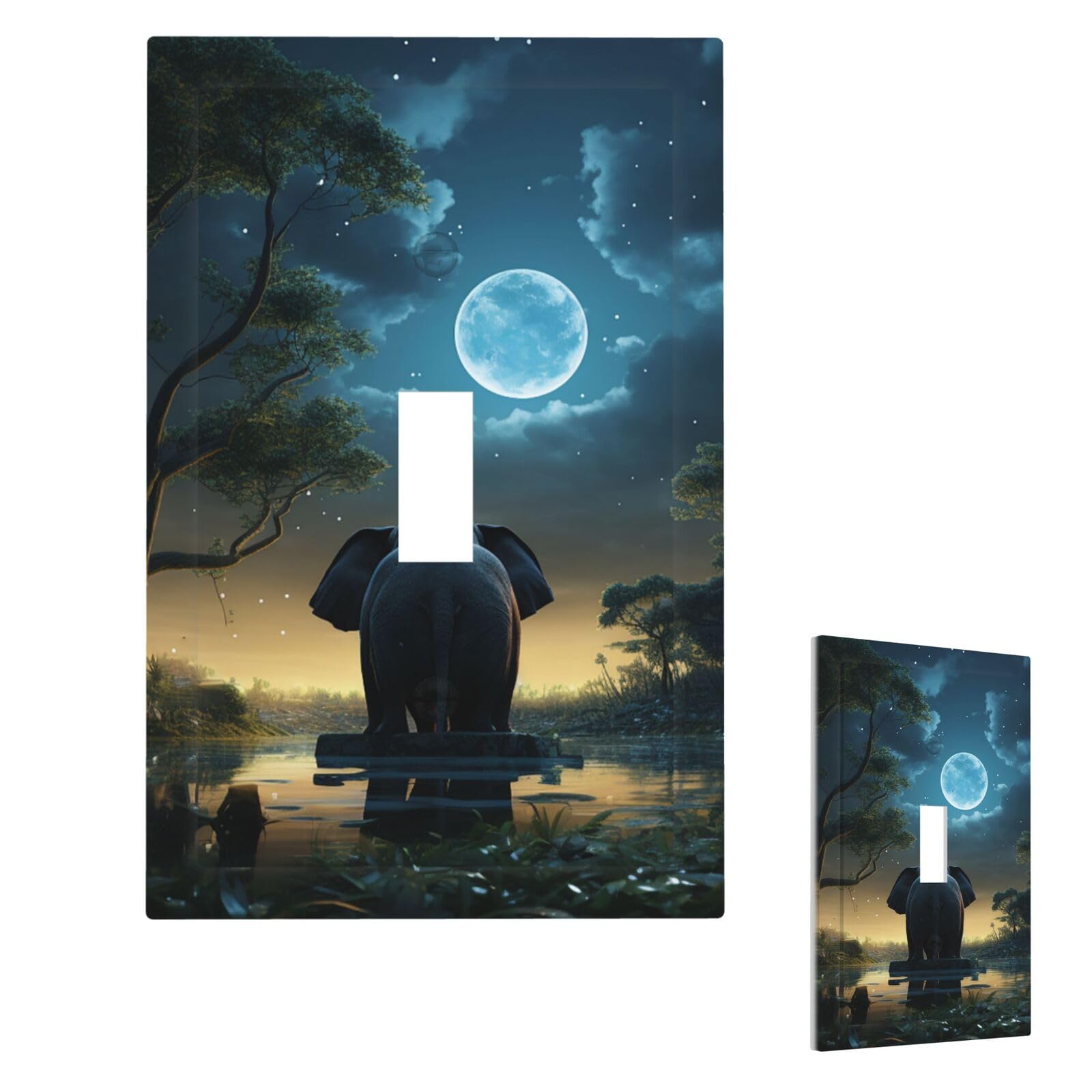 Elephant Look At The Moon Wall Plate Cover Single Toggle, Modern Decorative Light Switch Cover Unbreakable Receptacle Outlet Covers for Living Room Bedroom Decor