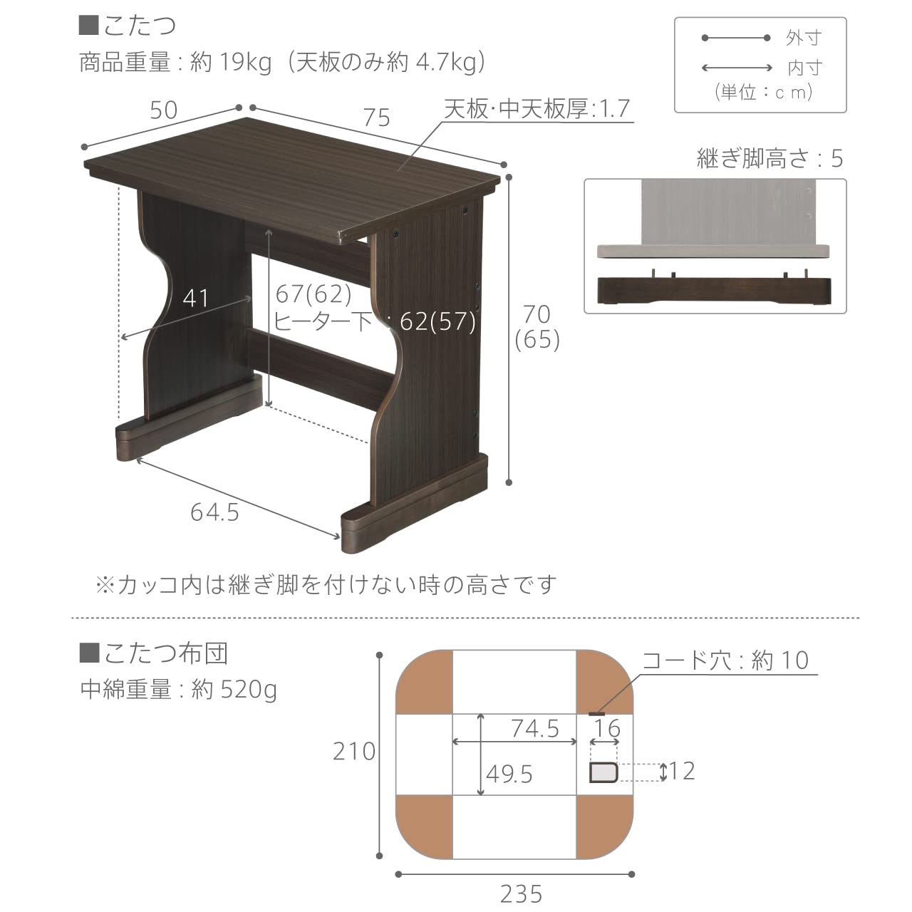 Amazon | デスク型ハイタイプこたつ フォート 75x50cm 2点セット