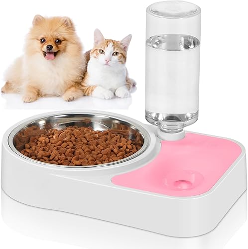 Tazones dobles para perros y gatos, juego de cuencos de agua y comida para perros y gatos con botella dispensadora automática de agua, tazón de