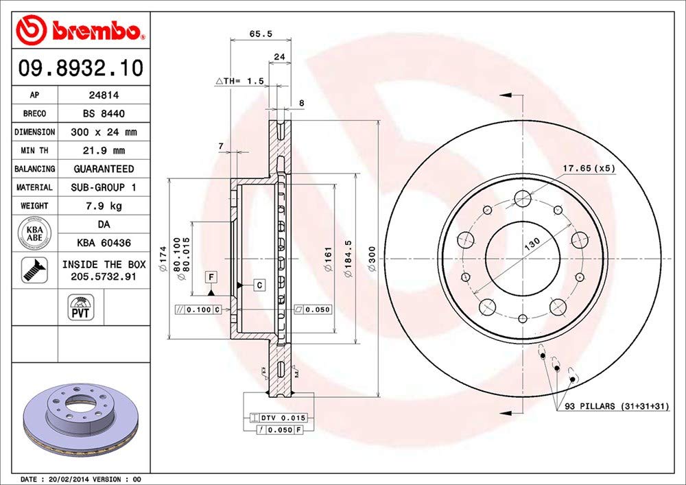 Brembo 09.8932.10 Disque de Frein avant
