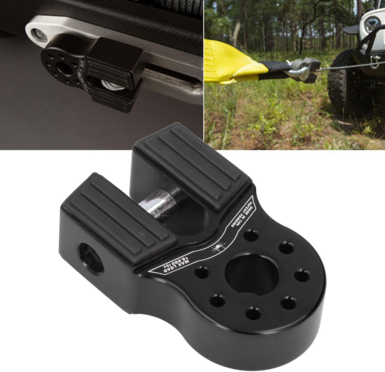 Winch Hook, Flat Winch Shackle Mount 16000lb Loading with Rubber Side Guard Aluminium Alloy Universal for UTV SUV Pickup(Black)