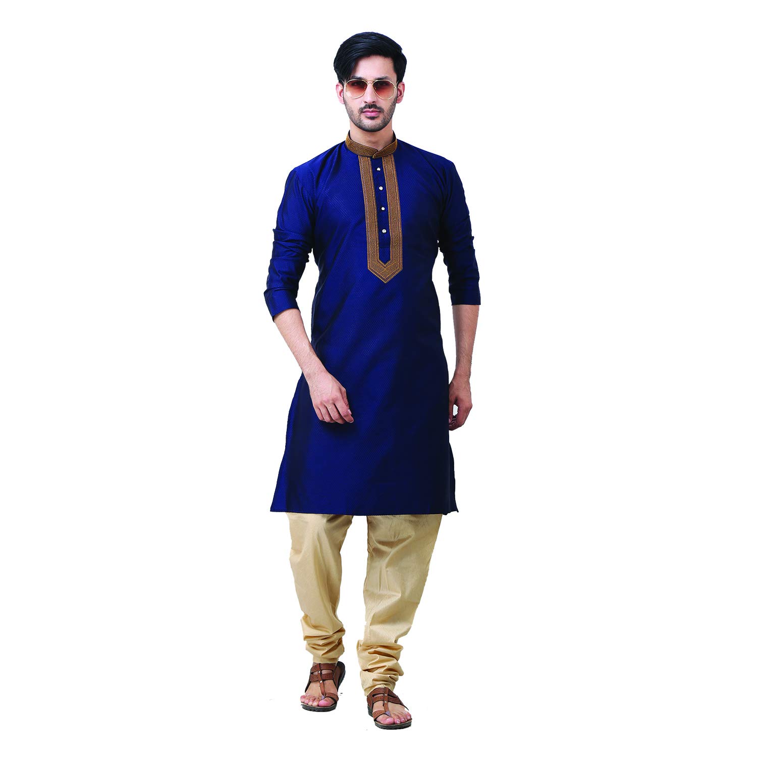 FOCILSilk Blend Blue Kurta Pyjama with Embroidary for Men