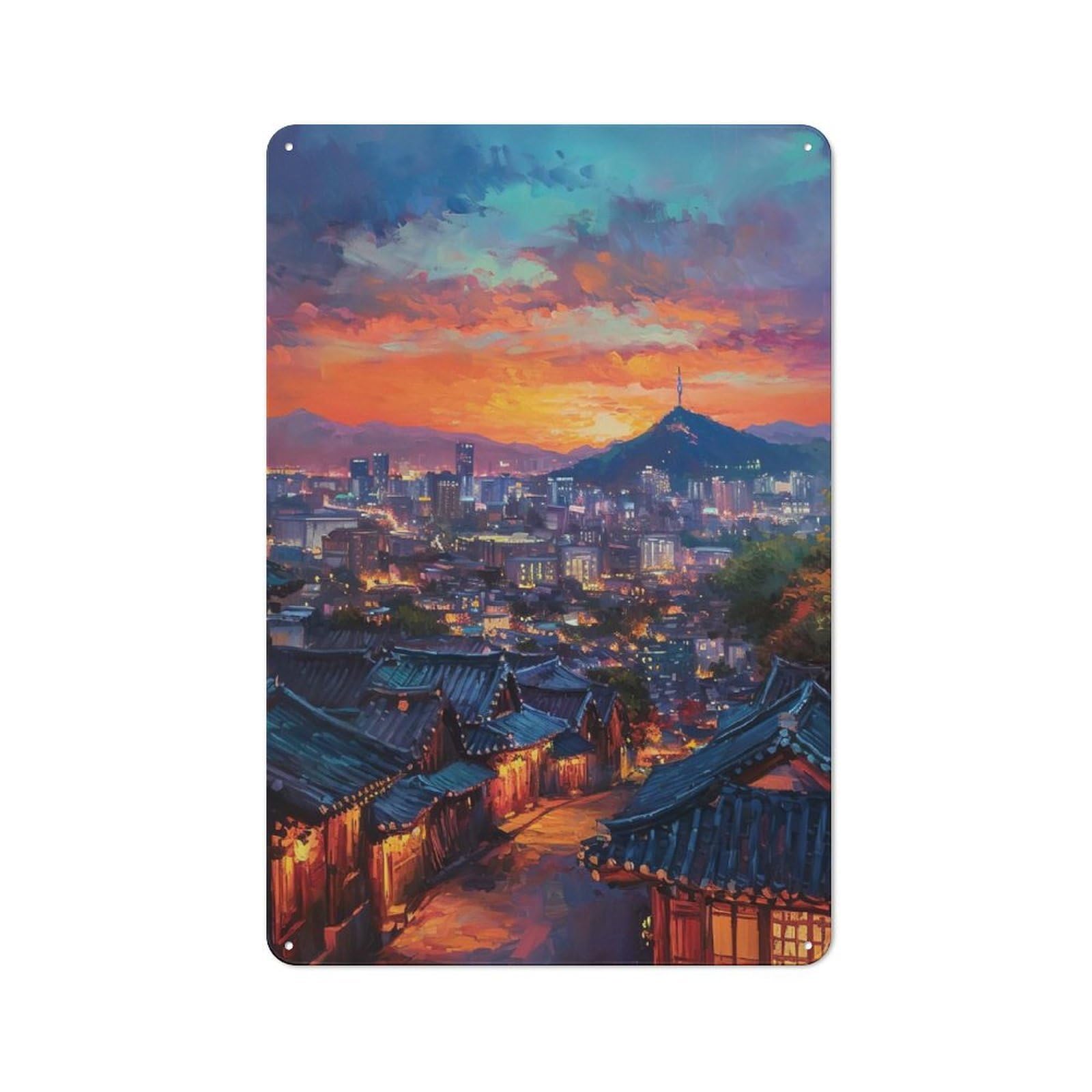Workshop Style Seoul Cityscape at Sunset Painting Tin Sign 30x20cm, Industrial Wall Art for Garage, Hobby Room, Office Or Man Cave