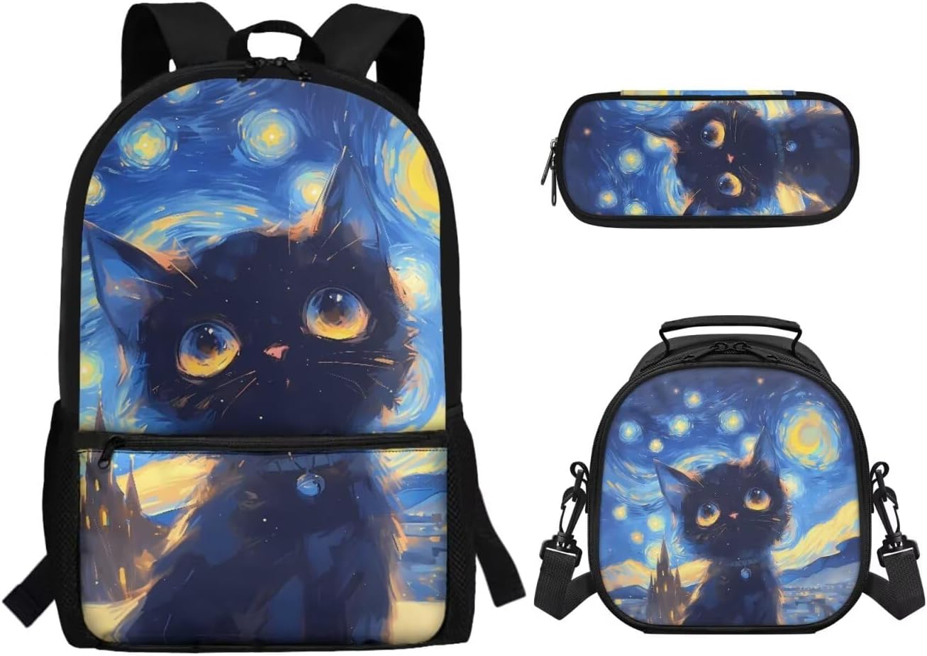 3Pcs Cat Backpacks for Elementary School Portable Adjustable Starry Night Backpack with Insulted Lunch Bag & Pencil Case Large Capacity Back Pack for Middle Studnets Aged for 8-16