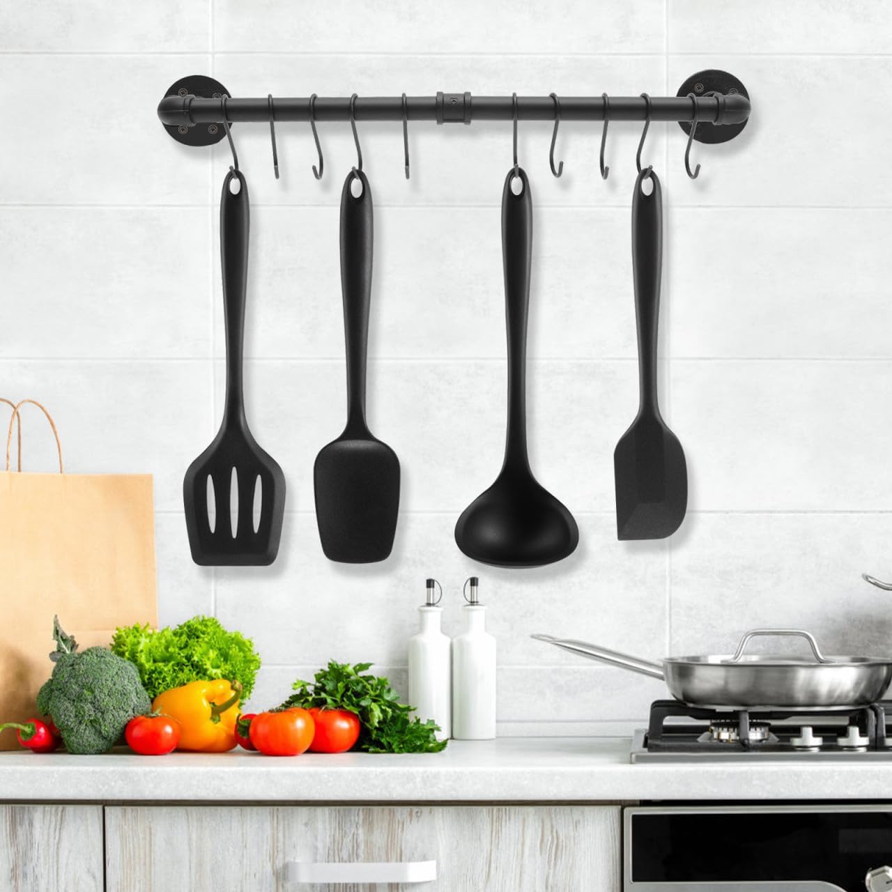 Alipis Industrial Hanging Pot and Pan Rack with Hooks Wall-mounted Kitchen Organizer for Cookware Storage Easy to Install Pot Organizer Rail