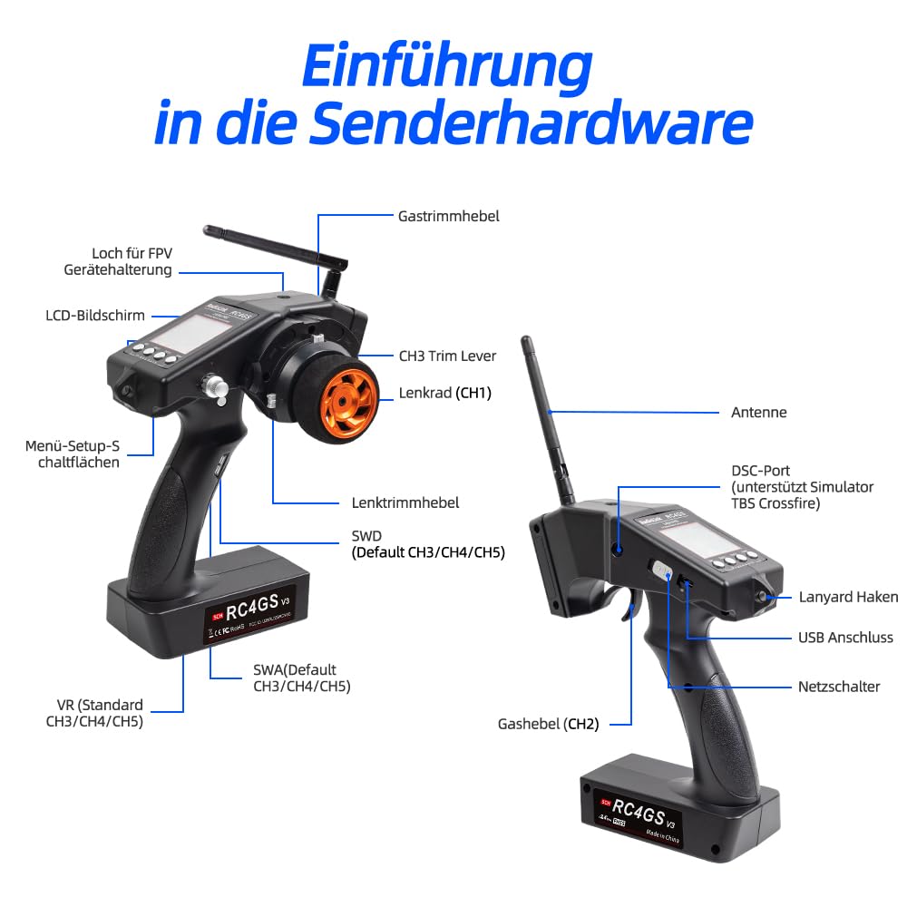 Radiolink RC4GS V3 5 Kanal RC Funksender und 2 2,4 GHz R6FG Empfänger | 400M Fernbedienungsset, für RC Auto, Boot, Crawler, Panzer, Drifting, Buggy, Trageband