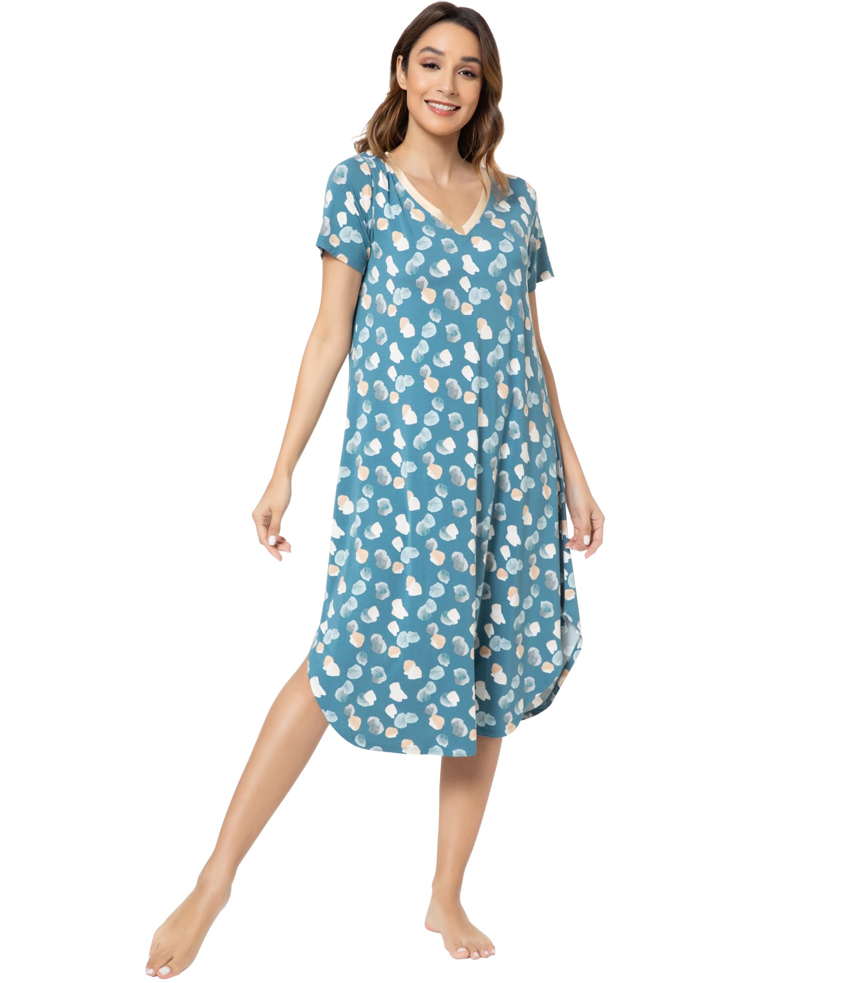 NACHILA Bamboo Viscose Nightgowns for Women Cooling Short Sleeve Sleepshirt | Soft V Neck Night Gowns, Moisture-Wicking Sleepwear for Hot Flashes &amp; Night Sweats, Ladies Nightshirts for Sleep, Home, Gift