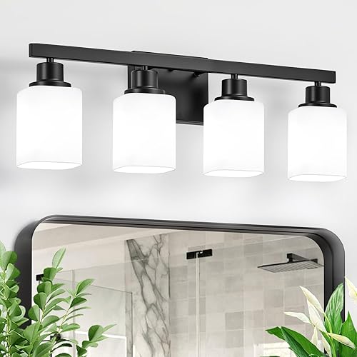 Lámpara de tocador de baño de 4 luces, moderna lámpara de baño negra mate con vidrio esmerilado cuadrado, apliques de pared sobre espejo de baño,