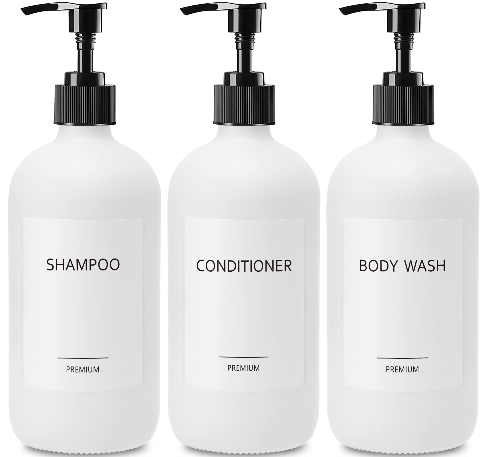 GMISUN Glass Shampoo and Conditioner Dispenser, Refillable Shampoo and Conditioner, Body Wash Bottles with Pump, Empty Shampoo Bottles, Reusable Bathroom Shower Bottles Set, 3 Pack (Matte White)