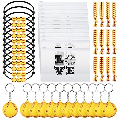 Hicarer 48 Pcs Softball Teams Gifts Softball Party Favors Supply Set Women Cosmetic Bag Keychain Hair Scrunchies Bracelets(Cute Style)