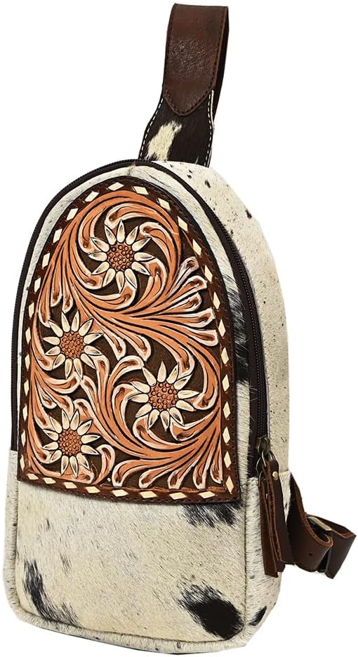 American Darling Hand Tooled Floral Carved Hair-On Cowhide Sling Bag Eco-Friendly Genuine Leather Western Crossbody
