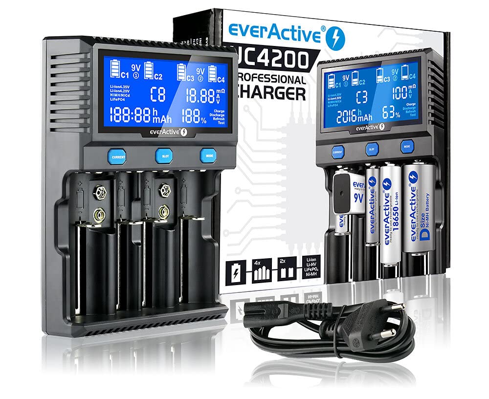 everActive - Cargador de 4 Cilindros (Ion de Litio y NI-MH, Profesional rápido y Universal, Pantalla LCD, Prueba de Capacidad, Modelo UC4200