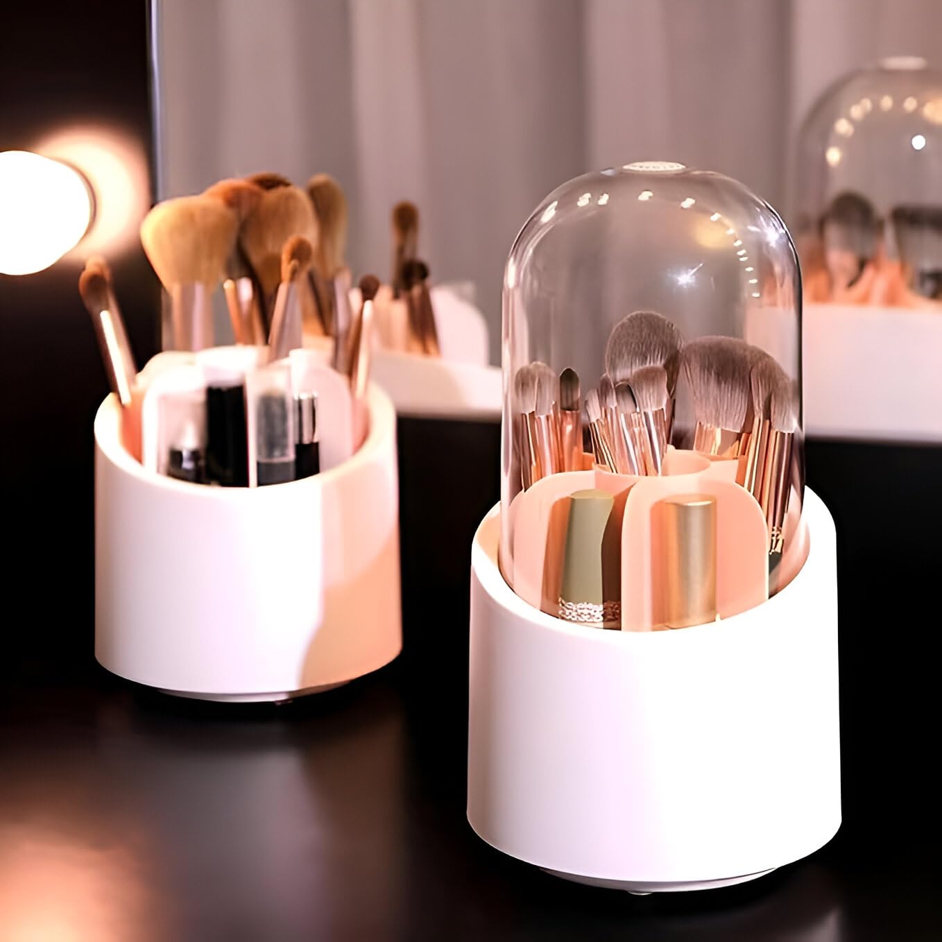 sarth treasure 360° rotating dust-proof 7-compartment organizer with lid – makeup brush holder, pen stand, stationery storage for vanity, desk, office, study table, dressing table organizer box