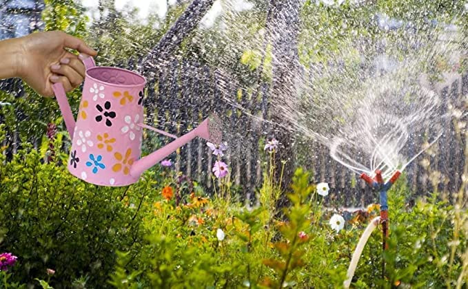 Image of S H Collection Watering Can 2.5 Litre Indoor Outdoor Home Gardening, Plants Watering can Metal Polka planters Round Metal for Plants & Flowers Decorative Garden Water Can with Handle (Pink Chitai)