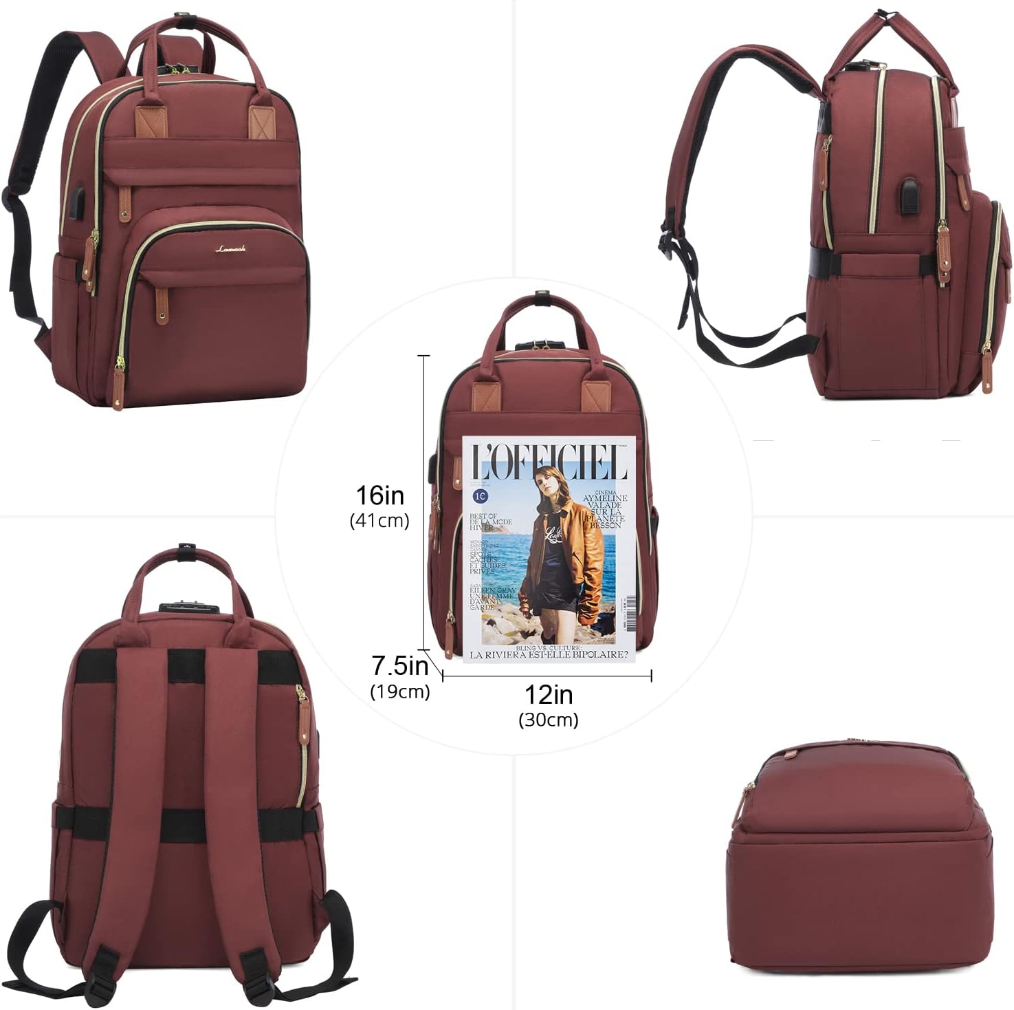 LOVEVOOK Laptop Backpack Purse for Women with 15.6-inch Laptop Compartment, Large Travel Anti-theft Work Bags with Lock, Business Computer College Backpacks, Casual Daypack with USB Port, Red Brown