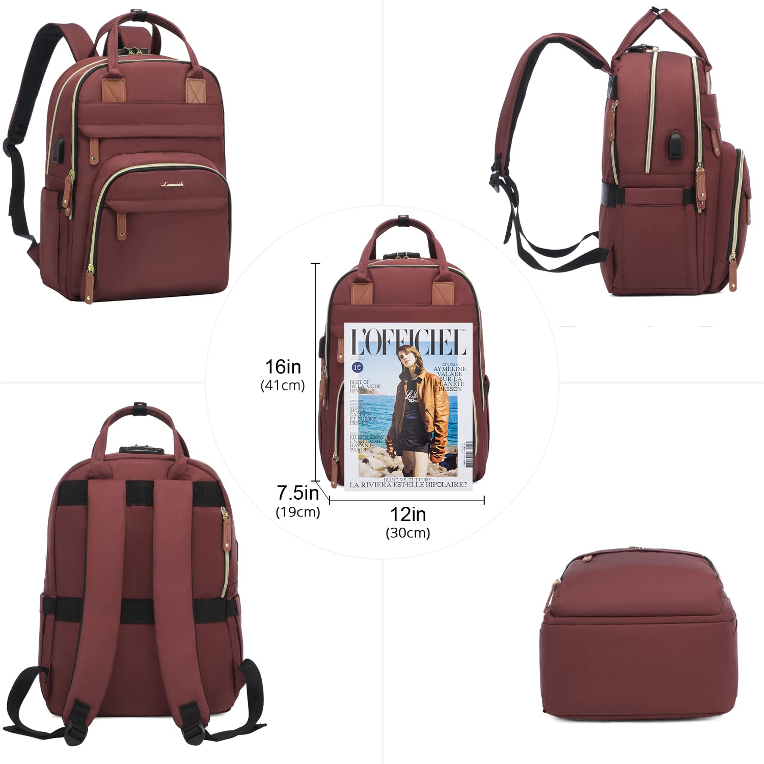 LOVEVOOK Laptop Backpack Purse for Women with 15.6-inch Laptop Compartment, Large Travel Anti-theft Work Bags with Lock, Business Computer College Backpacks, Casual Daypack with USB Port, Red Brown