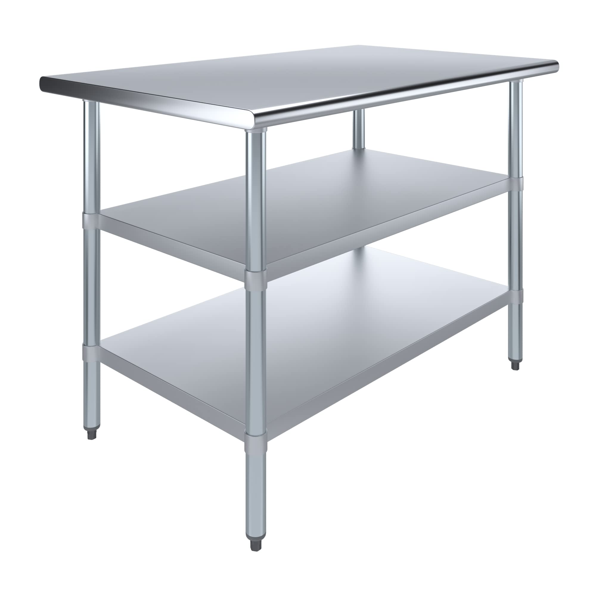AmGood 48 in. Long x 30 in. Deep Stainless Steel Work Table with 2 Undershelves - NSF 18-Gauge 430 Top, Dual Galvanized Shelves | Commercial Prep Table, Adjustable Feet