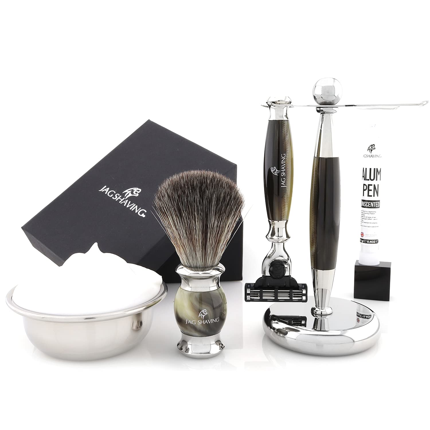 Jag Shaving zestaw do golenia - 4-częściowy zestaw do golenia - Jag's Lee Range - włosie syntetyczne - 3 ostrza do golenia - stojak do golenia - kolor zielony hornimitacja