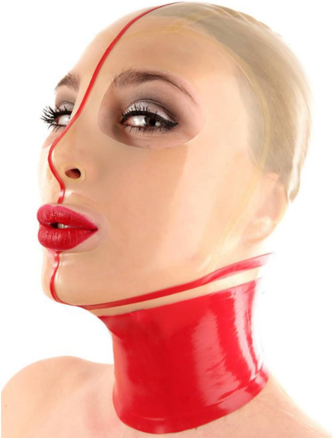 Latex Hood Transparent Sexy Rubber Hood with Open Mouth and Breathing Port Suitable Back Zipper for Fetish