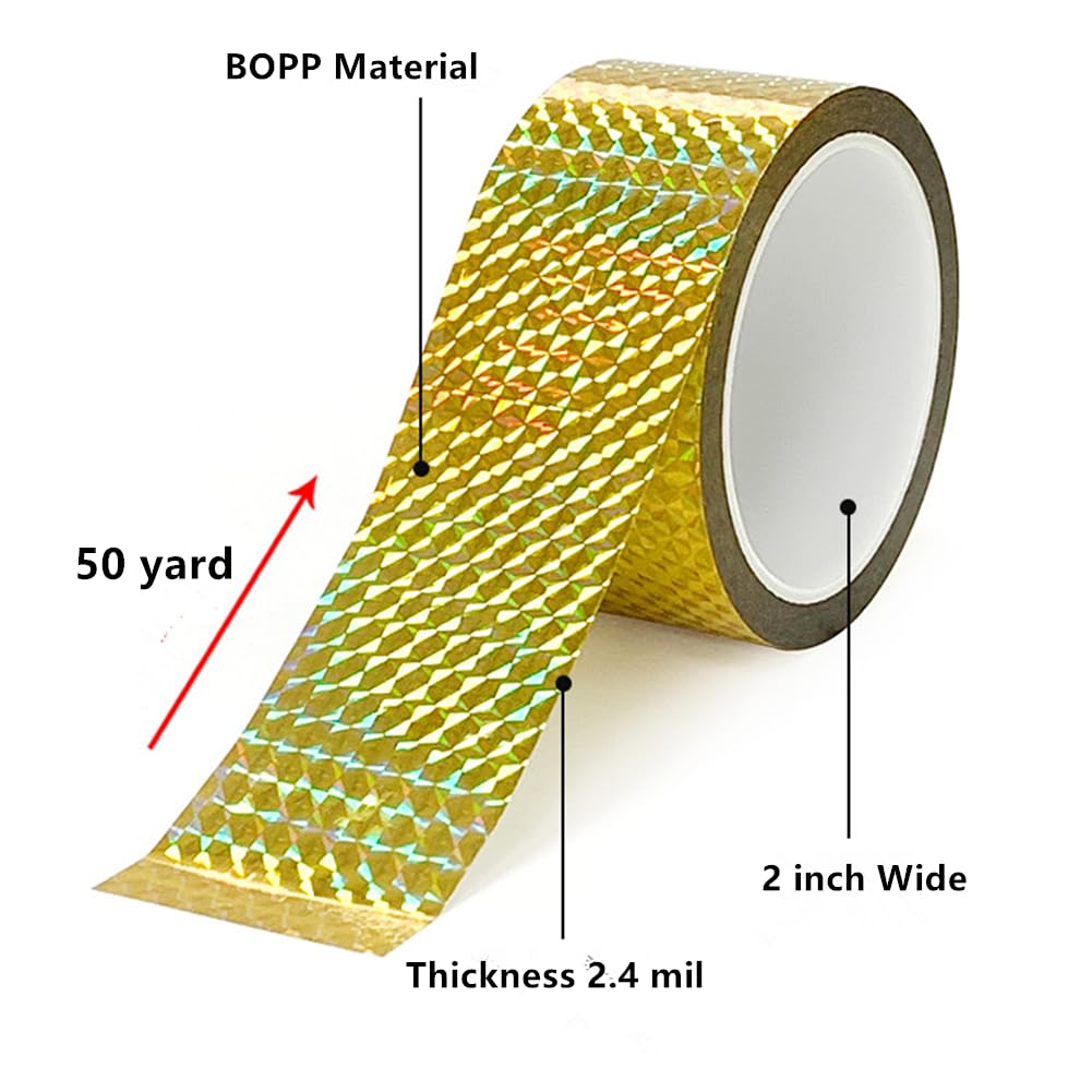 Self-Adhesive Holographic Reflective Tape Prism Tape Holographic Reflective Tape for Keep Birds Away, Craft Projects, DIY Art, Home, Daily Use (Gold, 2 Inch x 55 Yard)