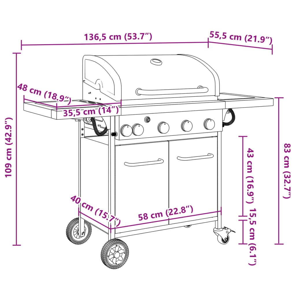 Grill gazowy z 5 płomieniami, wykonany ze stali malowanej proszkowo, powierzchnia grillowania: 63 x 40 cm, moc 16 kW, z zapłonem piezoelektrycznym, regulatorem temperatury, tacką na