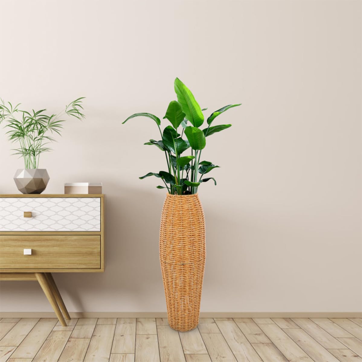 Conjunto de 2 Jarrones Altos de Imitación de Ratán para Decoración de Suelo, Hechos a Mano en Plástico Marrón, Ideales para Flores Artificiales y Secas en Dormitorios