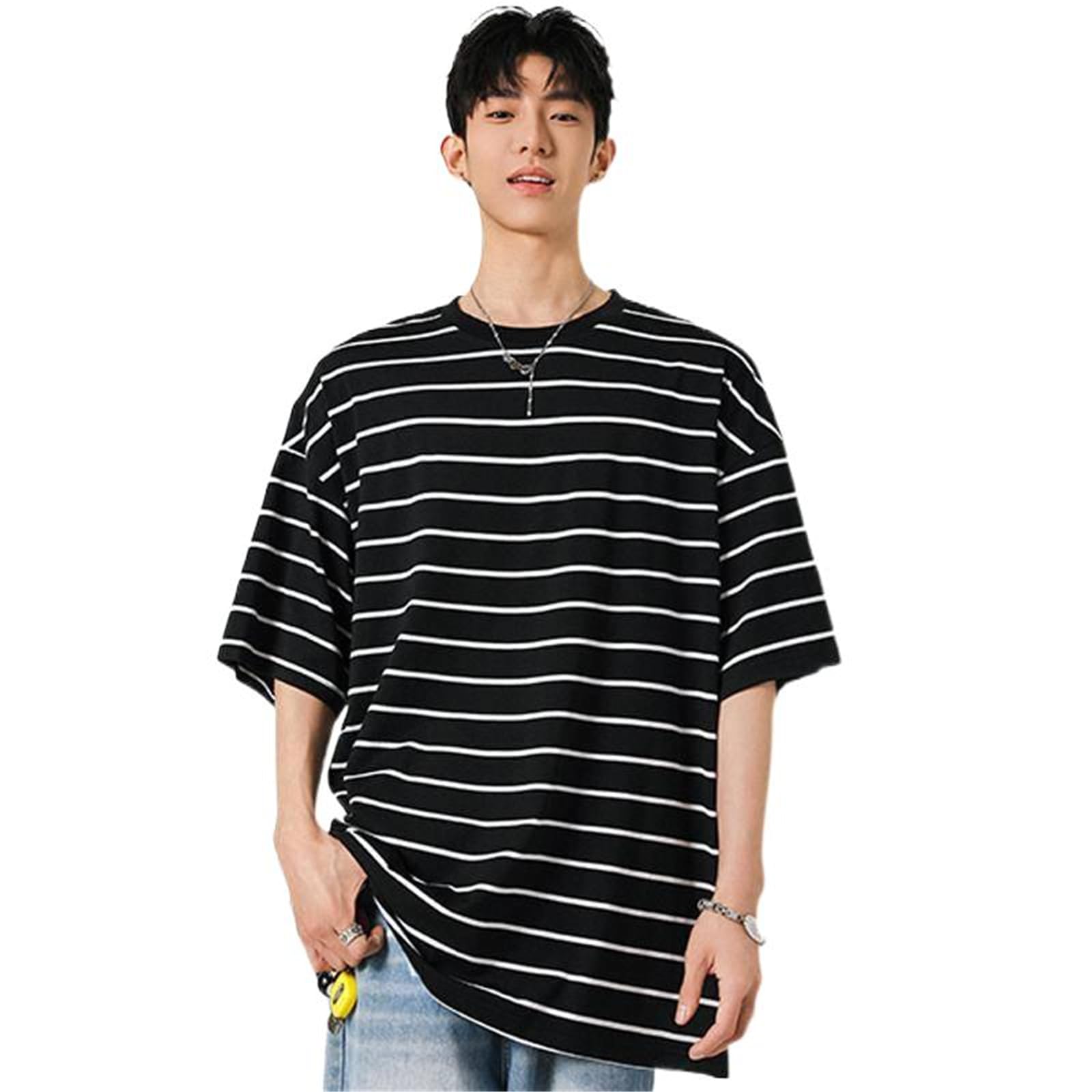 T-Shirt Uomo Estate Stile Coreano Righe Casual Manica Corta