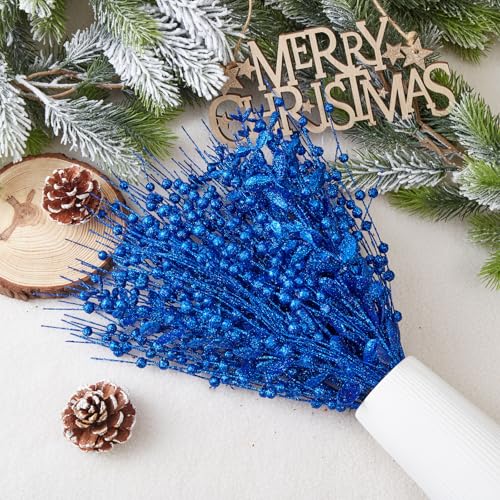CristBest 24-Pack Christmas Tree Picks Ornaments, Artificial Glitter Berry Stem Glittery Twigs Ornaments for Christmas Tree Decorations, Small Vase, Holiday, Wedding, Party Decorations (Blue) - image 3