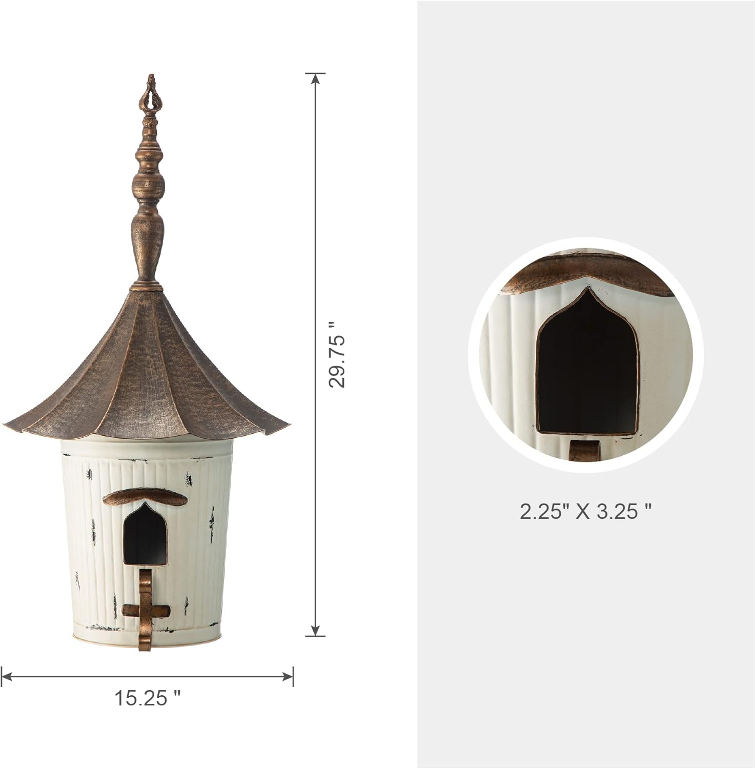 Glitzhome 29.75”H Metal Hanging Birdhouse for Outdoors Oversized Farmhouse Pagoda Painted Bird House with Bronze Roof for Bluebird Wren Chickadee Sparrow Bird Nest Box for Garden Patio, Washed White