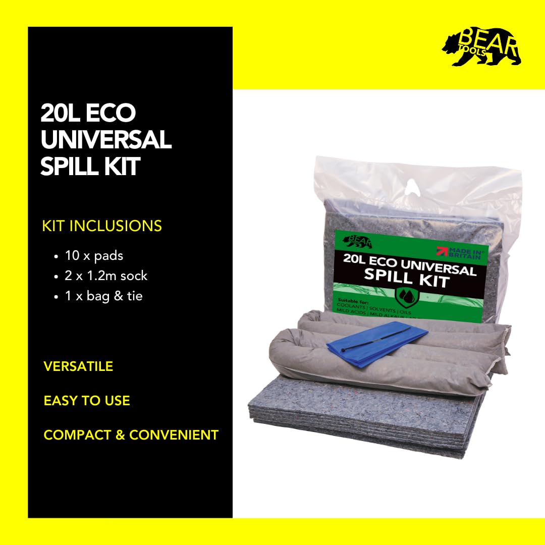 BearTOOLS Kit de control de derrames ecológico de 20 litros | Respetuoso con el medio ambiente | 85% de fibras naturales recicladas | Reduce la huella de carbono | Solución absorbente sostenible |