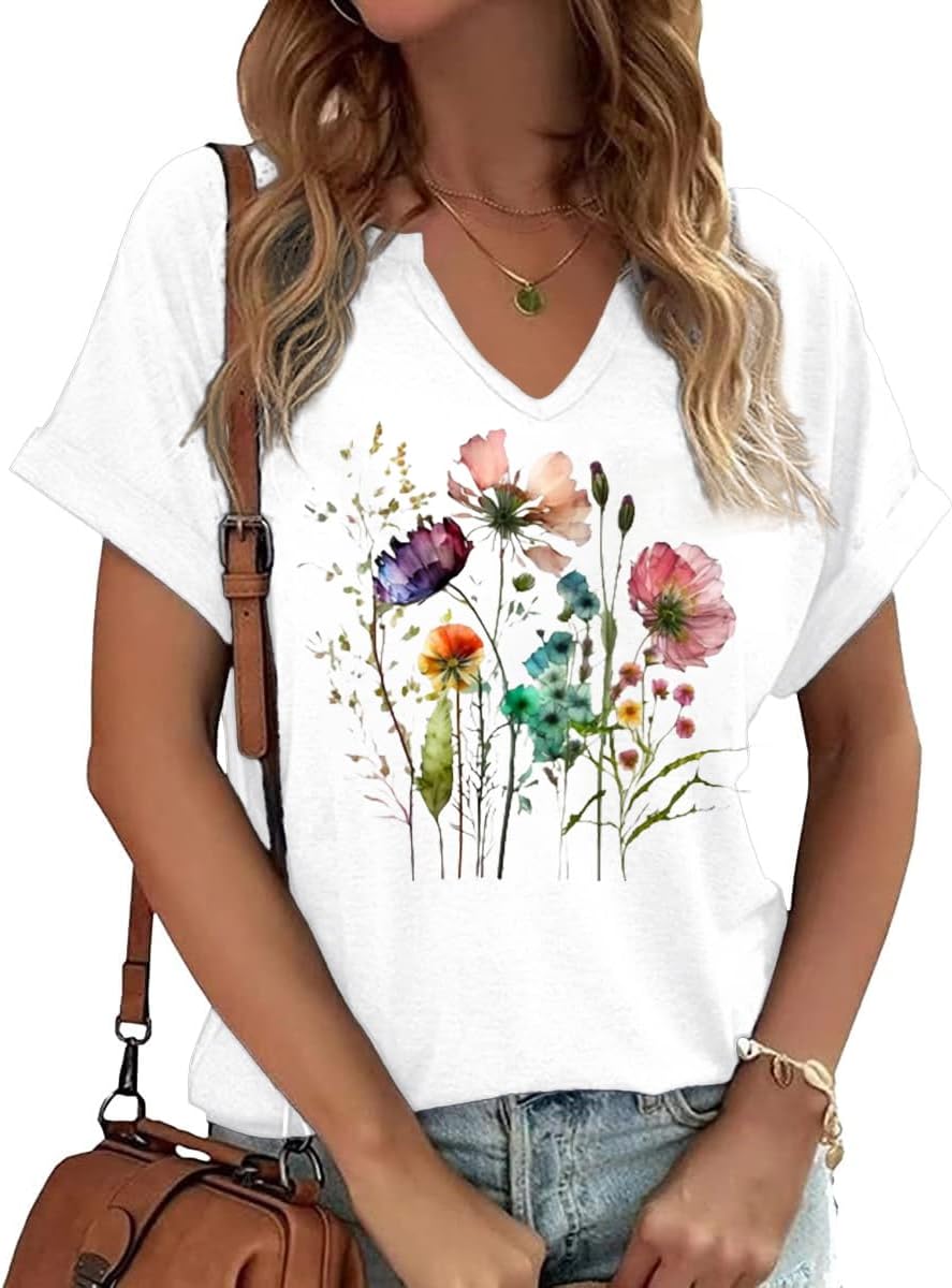 Vintage Flowers V Neck Shirt for Women Boho Floral Wildflowers Graphic Tee Casual Cottagecore Summer T Shirt