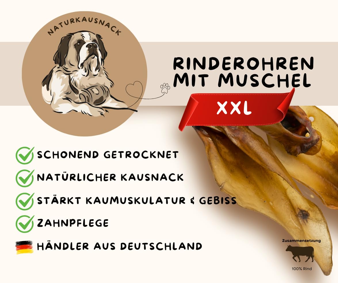 Warnick´s Tierfutterservice Hundesnack - Premium Rinderohren mit Muschel XXL – luftgetrocknet & ohne Zusätze - Zahnpflege & artgerechter Kauspaß für Hunde - 25 Stück im Vorratspack.