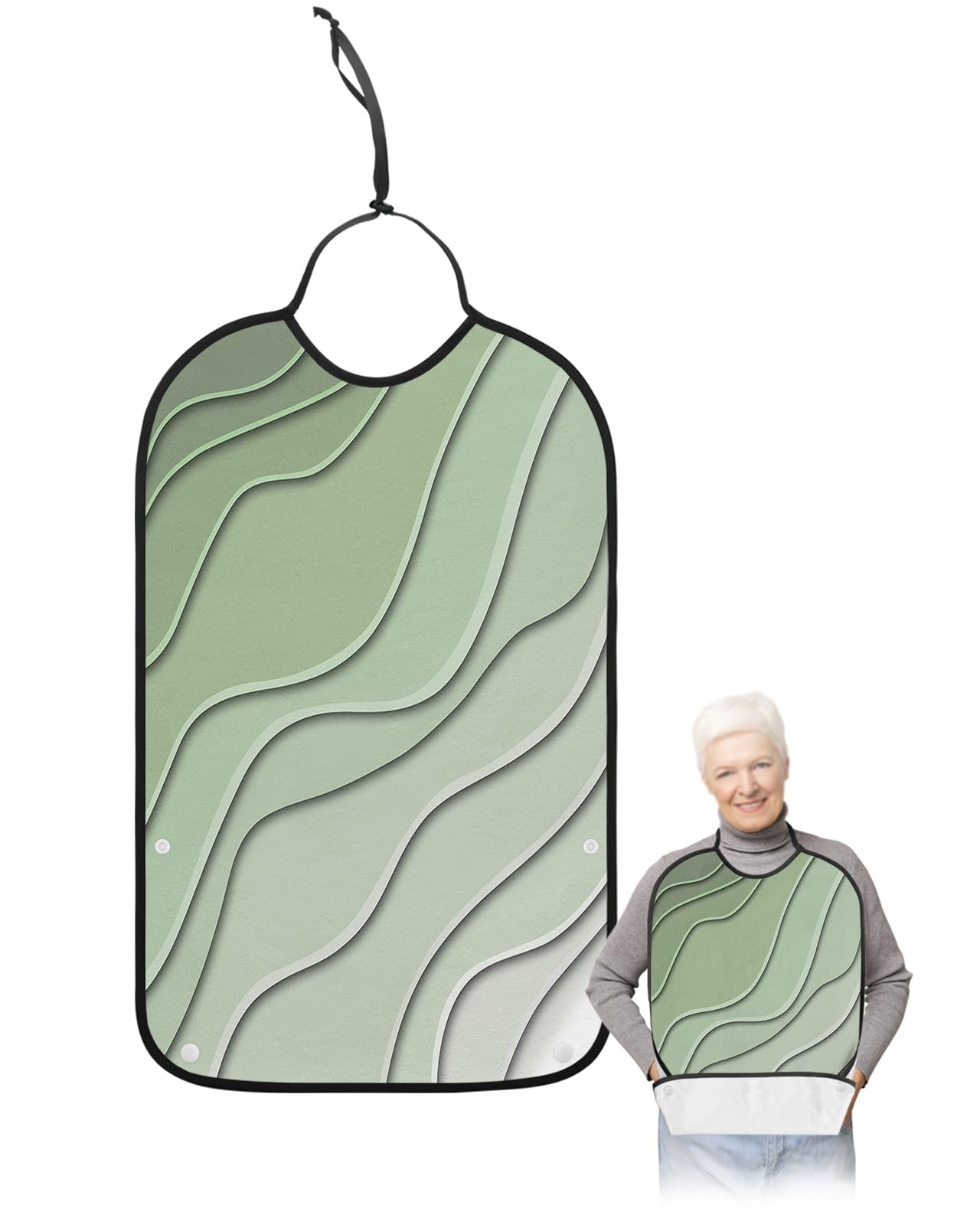 LEOKOTI Sage Green Ombre Adult Bibs for Eating, Waterproof Bibs with Food Catcher & Snap Closure, Modern Geometric Abstract Art Aesthetics Washable Clothing Protectors Adult Bibs for Elderly
