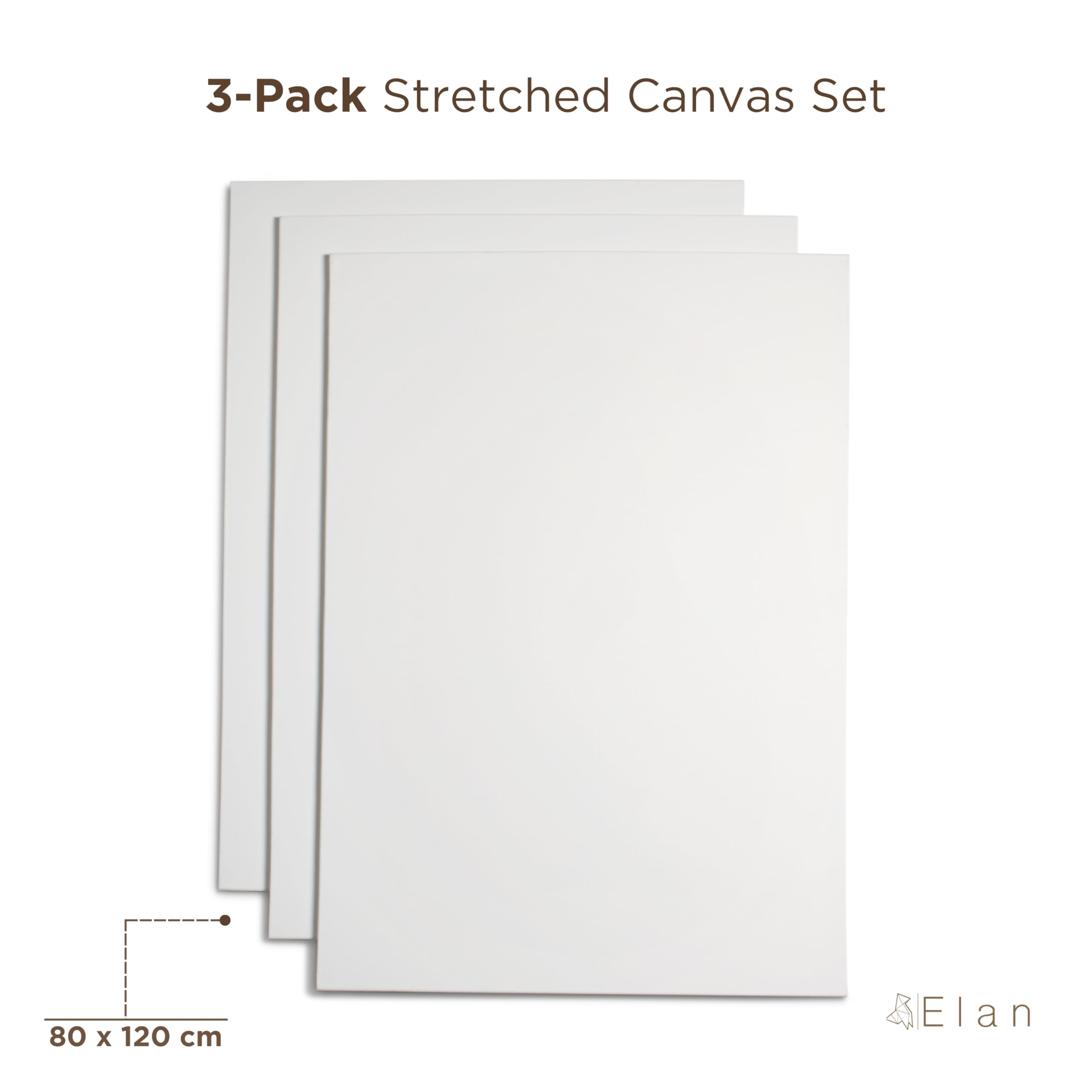 Elan Lienzo 80x120 cm, Pack de 3 Lienzos Para Pintar 380 GSM | Fabricado con 100% Fibra Natural de Algodón, Libre de Ácidos, Blanco, Ideal para Pintura al Óleo