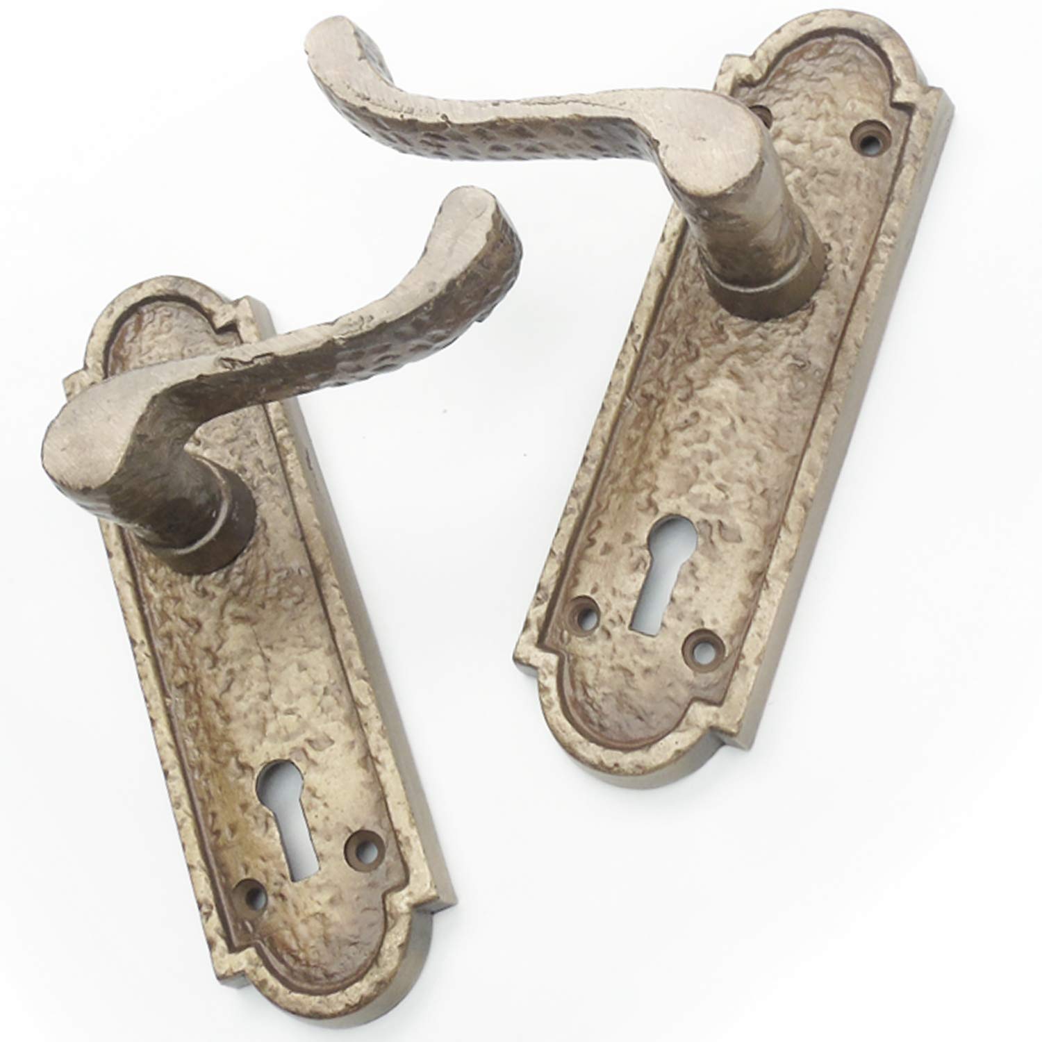 Jones & Grey Pair of Antique Brass Finish Cast Iron Hammered Scroll Lever Lock Door Handles on Back Plate